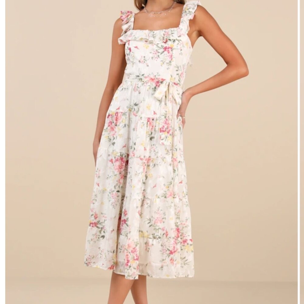 Shela Ivory Floral Jacquard Tiered Midi Dress Lulus